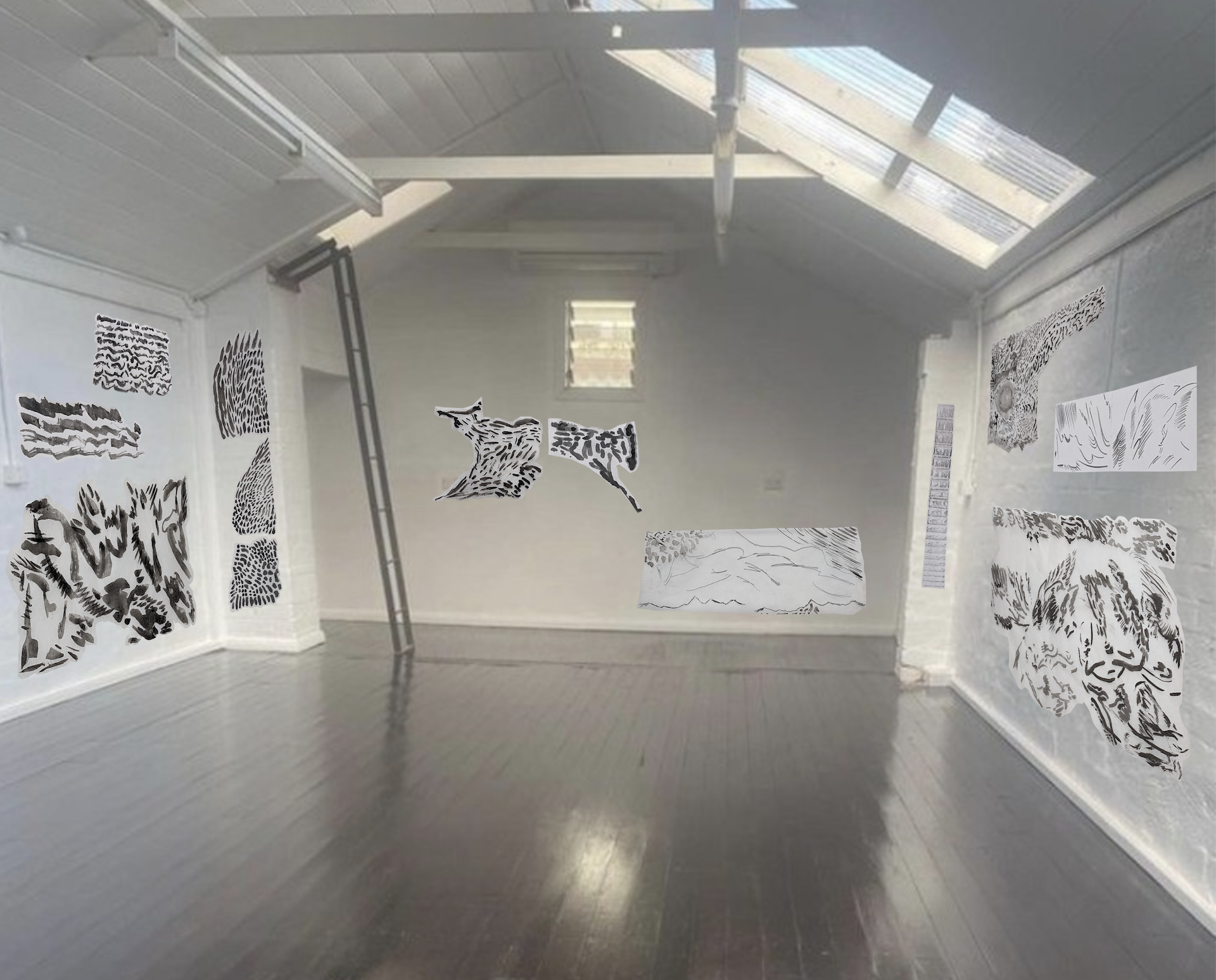 multiple large-scale abstract dynamic and energetic ink drawings cut-to-shape and installed throughout a gallery with brick walls painted white a sky light
